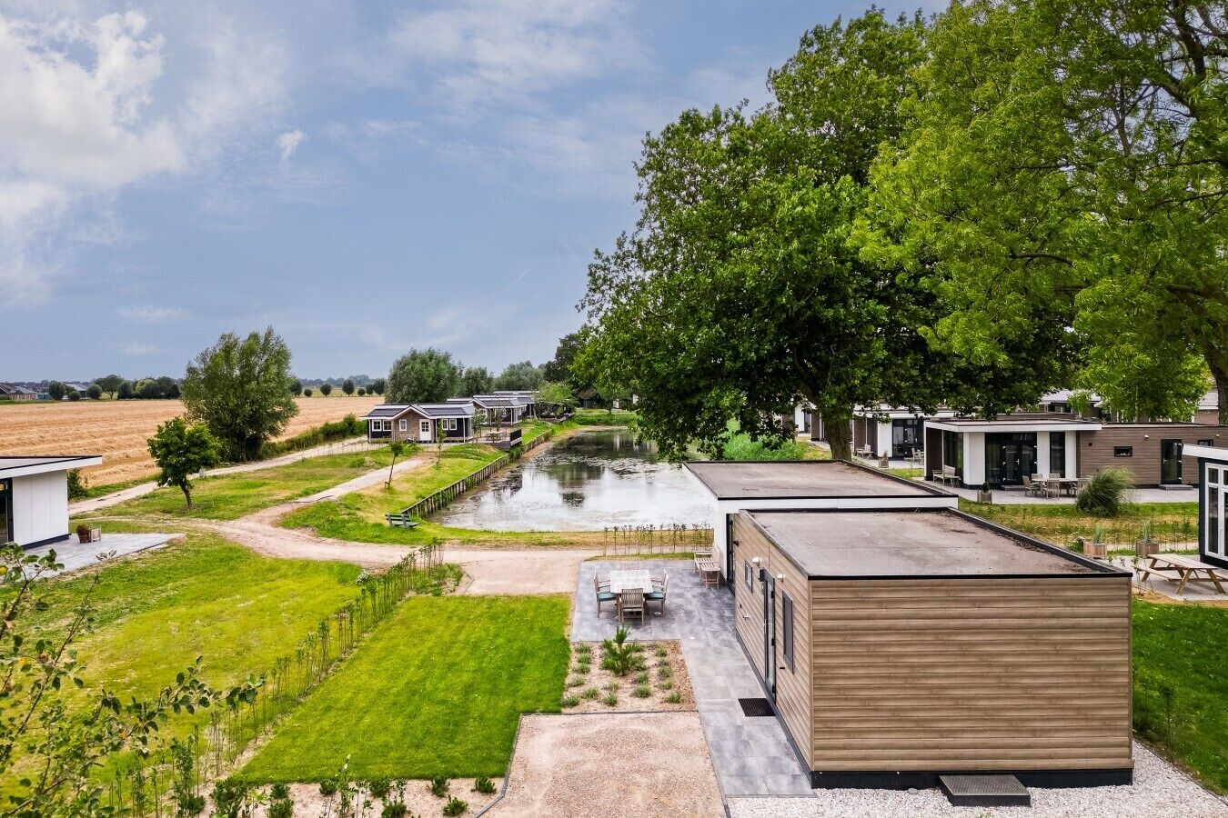 A residential area with modern houses, a small pond, and a grassy field.