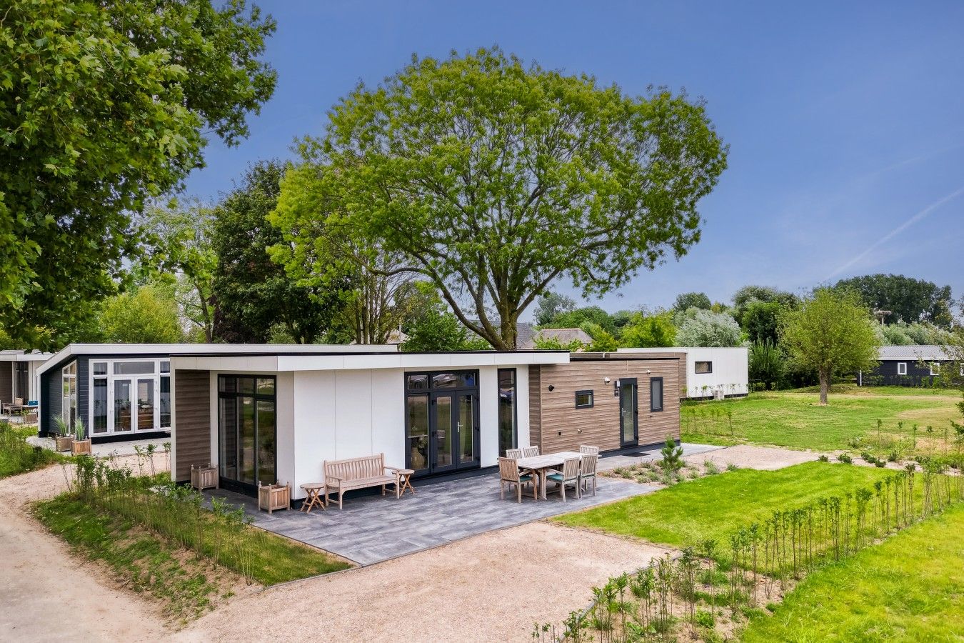 A modern house with a patio, outdoor seating, and a large tree in the background.