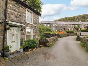 A stone house with a green door, a small garden, and a narrow street. - Waterfall Retreat (Blaenau Ffestiniog)