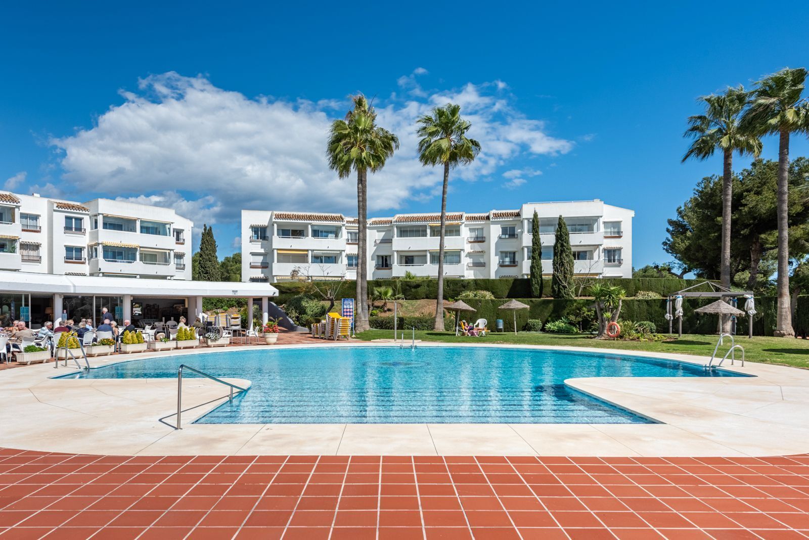 Una piscina di un resort con bordo piastrellato, palme e un edificio con balconi.