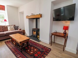 Una sala de estar con un sofá, una mesa de centro de madera, una alfombra, una chimenea, un televisor y una lámpara.