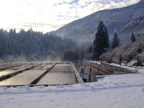 A snow-covered outdoor area with a pool and a forested mountain backdrop.