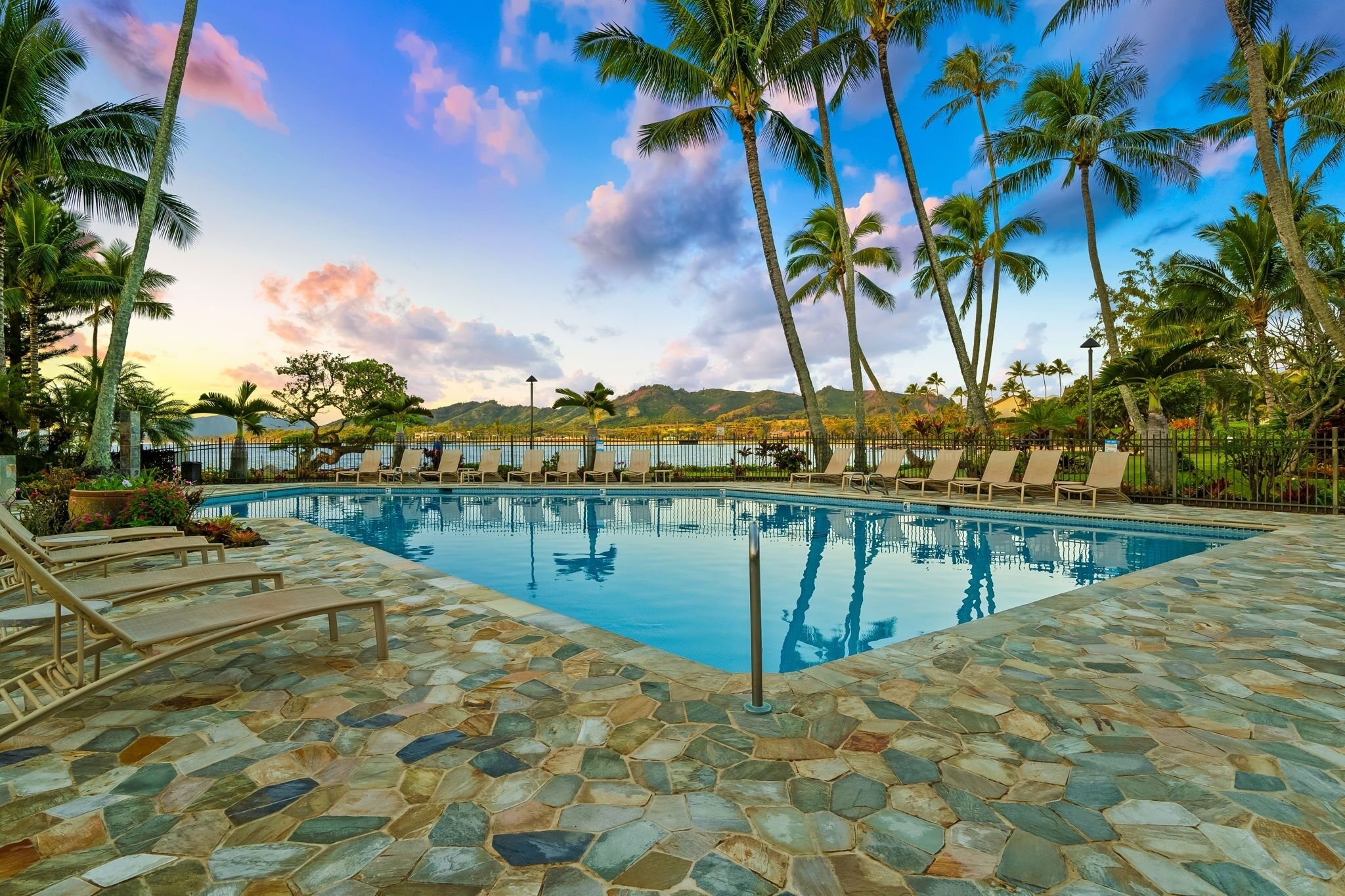 A swimming pool with lounge chairs and palm trees.