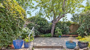 A garden with steps leading to a patio area, surrounded by various potted plants and a tree. - Apple Cottage - Emsworth  -  a cottage that sleeps 5 guests  in 3 bedrooms (Emsworth)
