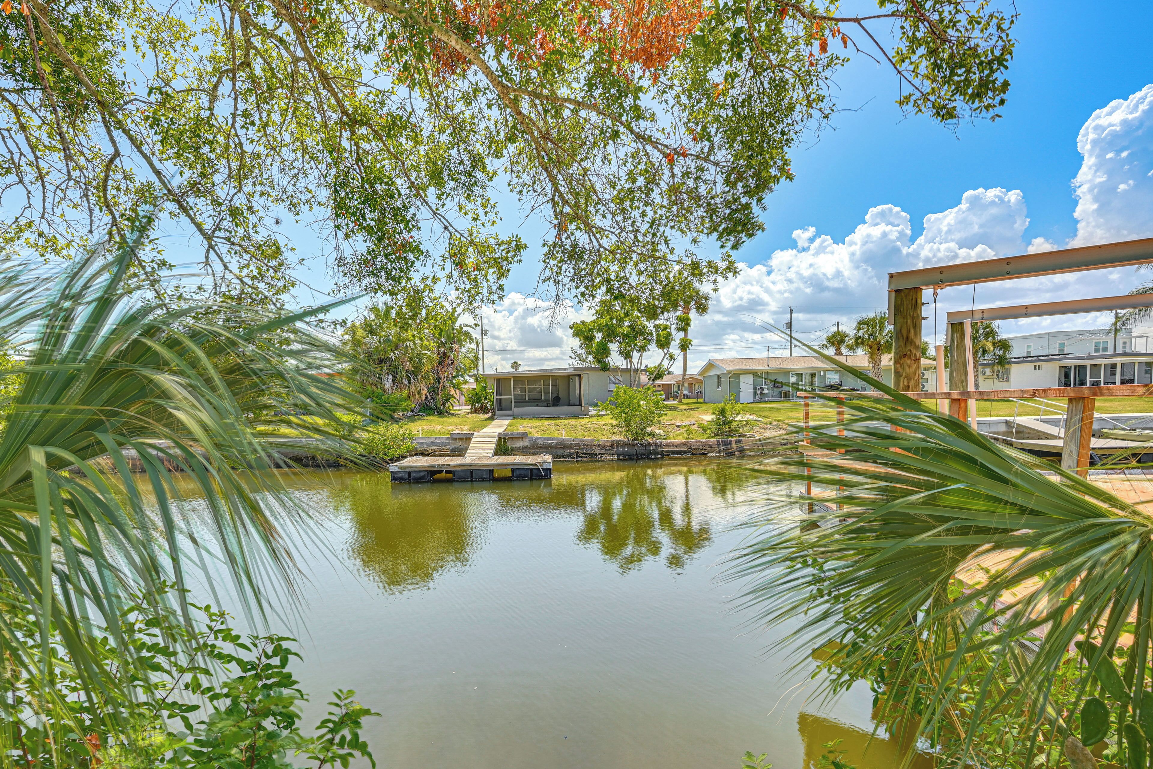 Uma área externa tranquila com lago, deck de madeira e vegetação exuberante ao redor.
