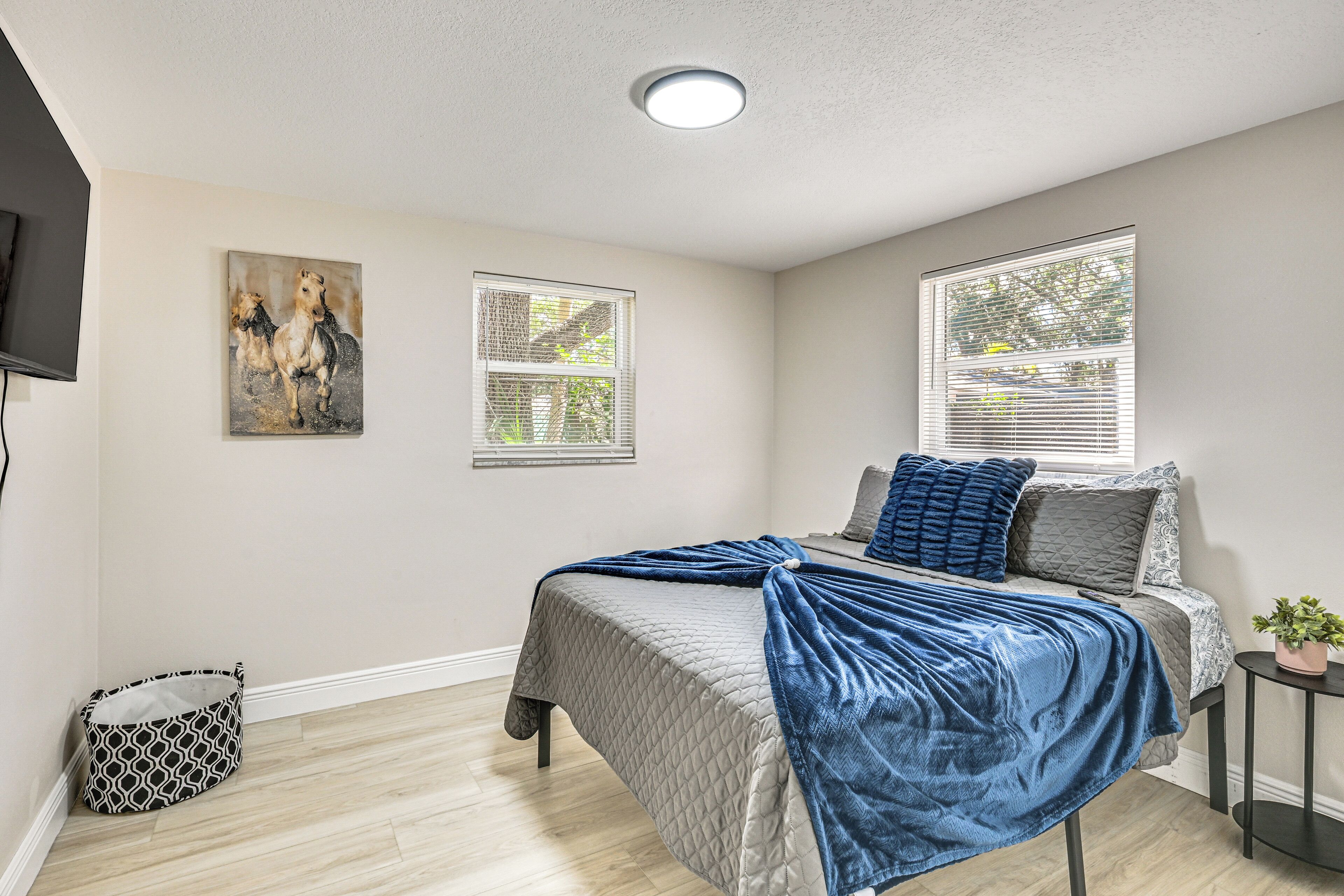 A bedroom with a bed, two windows, a ceiling light, and a wall-mounted TV.