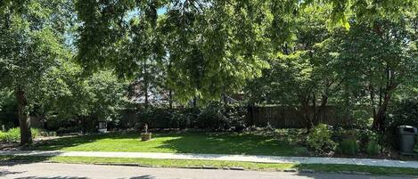 A residential street with a sidewalk, a grassy area, and trees.