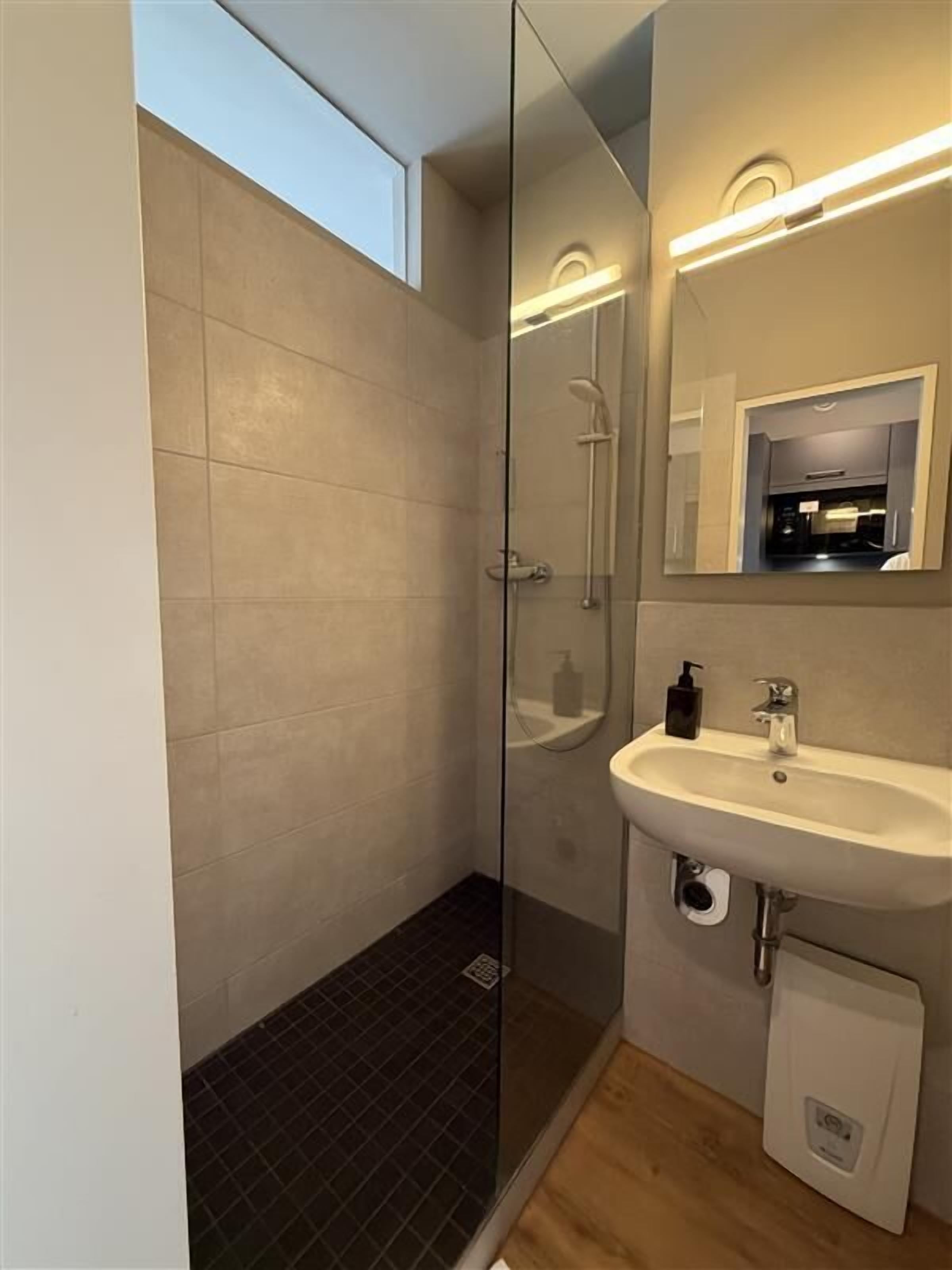 A modern bathroom with a glass-enclosed shower, a white sink, and a mirror above it.
