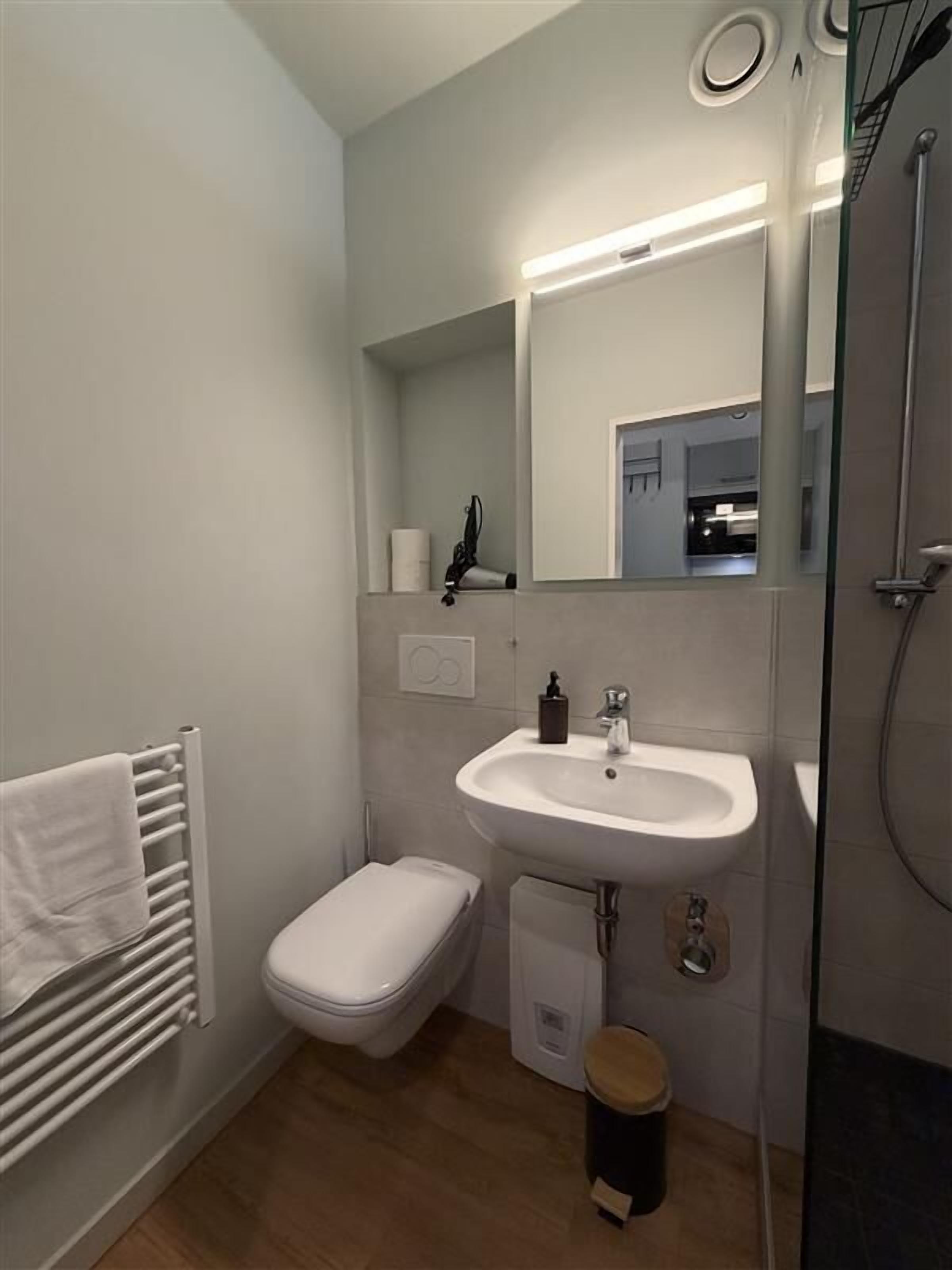 Dusche, Haartrockner, Handtücher, Shampoo
