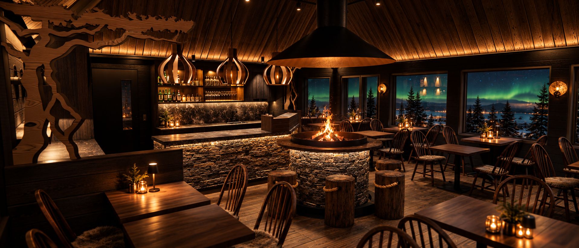 A restaurant with a stone fireplace, wooden tables, and chairs, and a view of the northern lights.