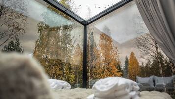 A bedroom with a glass ceiling, a bed with white bedding, and a view of autumn trees.