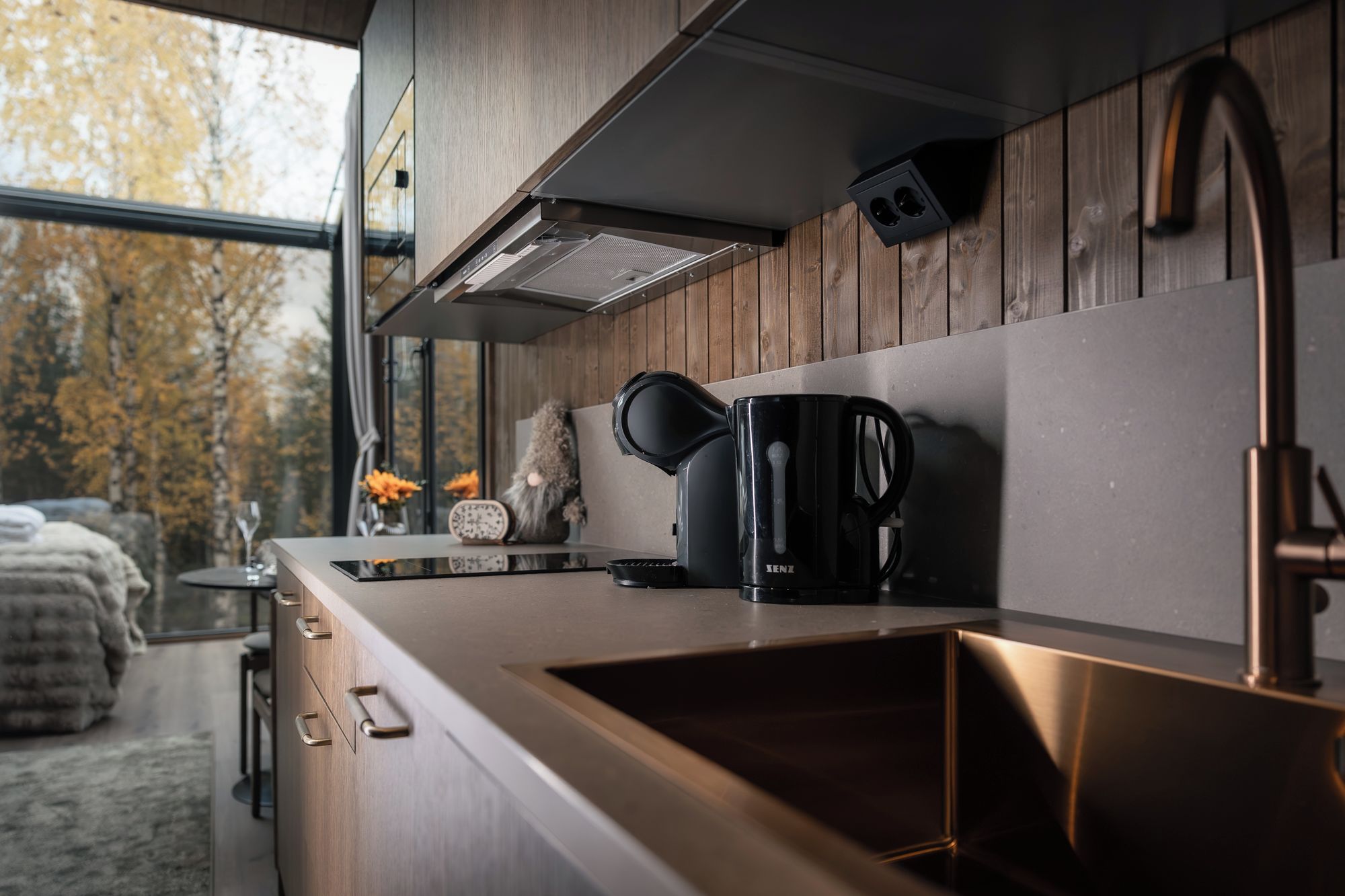 A modern kitchen with a stainless steel sink, a coffee maker, and a window with autumn foliage visible outside.
