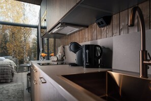 A modern kitchen with a stainless steel sink, a coffee maker, and a window with autumn foliage visible outside. - Aava Glass Igloos (Rovaniemi)