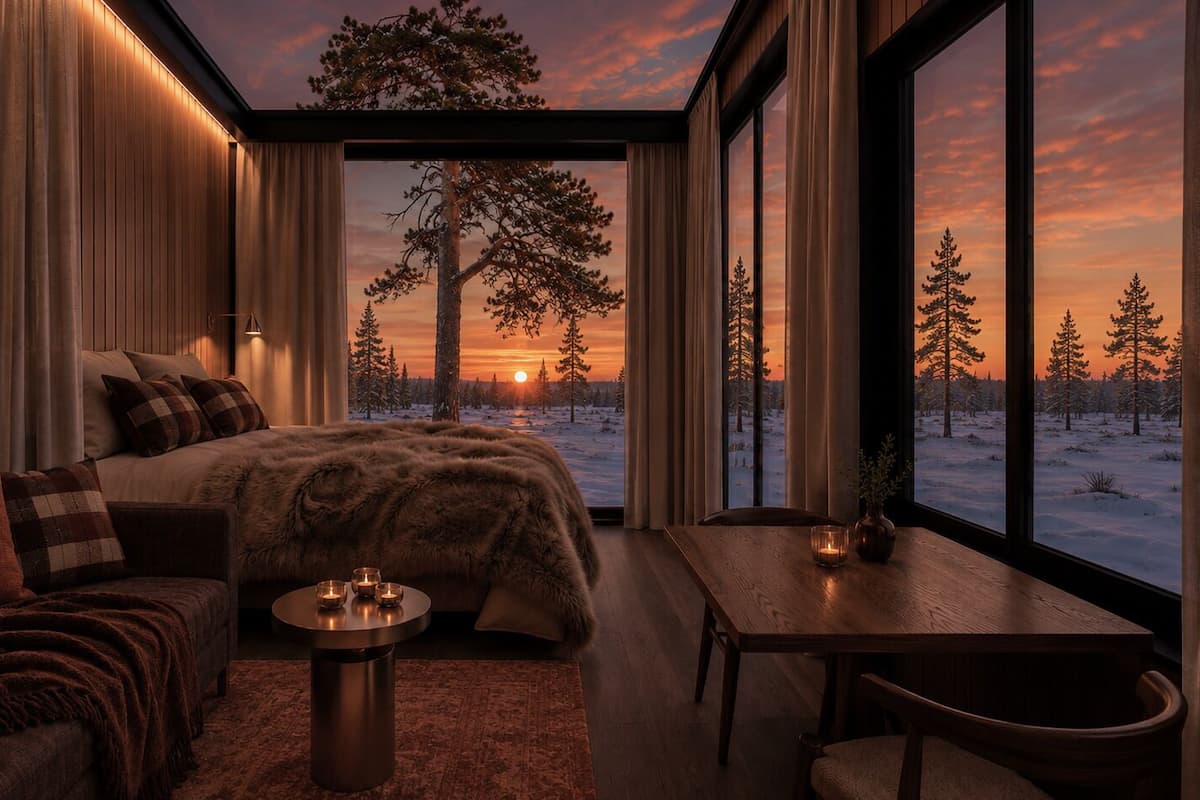 Un interior moderno con cama, zona de estar y vista a un paisaje nevado al atardecer.