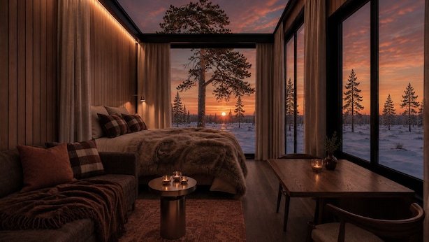 Un interior moderno con cama, zona de estar y vista a un paisaje nevado al atardecer.