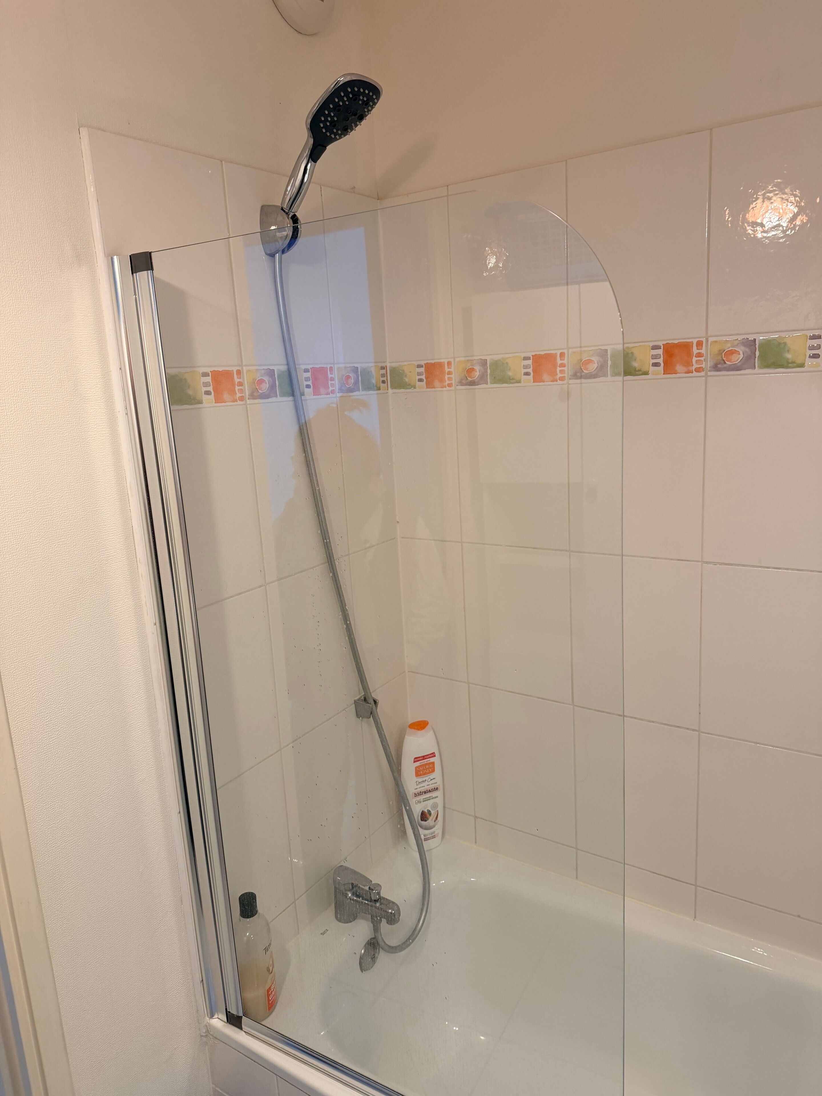 Eine Dusche mit Duschbrause, Seifenspender und Glastür.