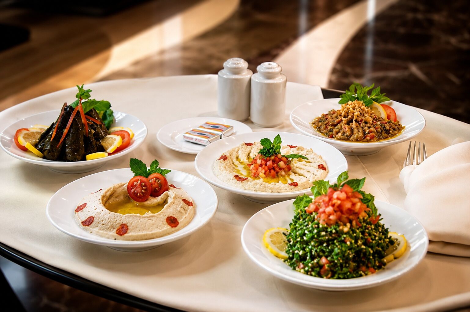 A table with various dishes, including hummus, a salad, and stuffed grape leaves, suggesting a Middle Eastern cuisine setting.