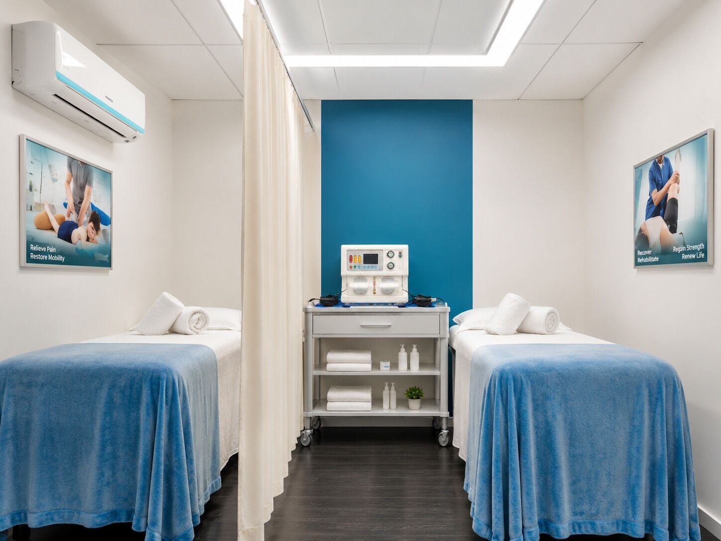 A room with two beds, a blue wall, an air conditioning unit, a medical device, and posters.