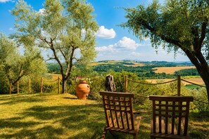Un espace extérieur aménagé dans un style rustique, avec des chaises en bois, un grand pot en terre cuite et une clôture en corde.
