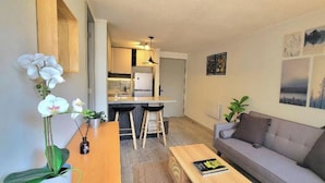Een knus woongedeelte met een kitchenette, een bank en een eethoek.