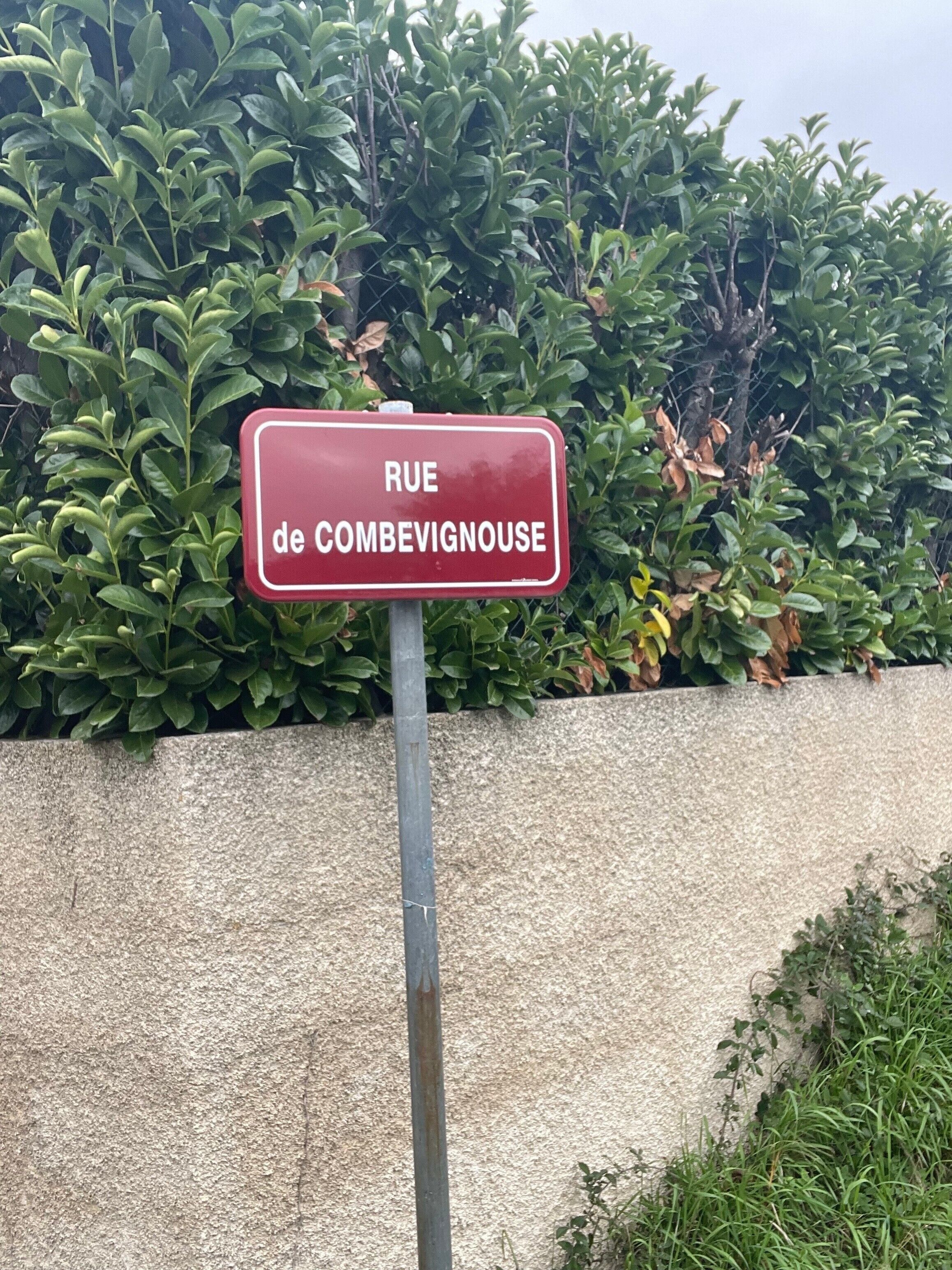 Et skilt med teksten 'RUE de COMBEVIGNOUSE', monteret på en metalstang, med en hæk og en stenvæg i baggrunden.