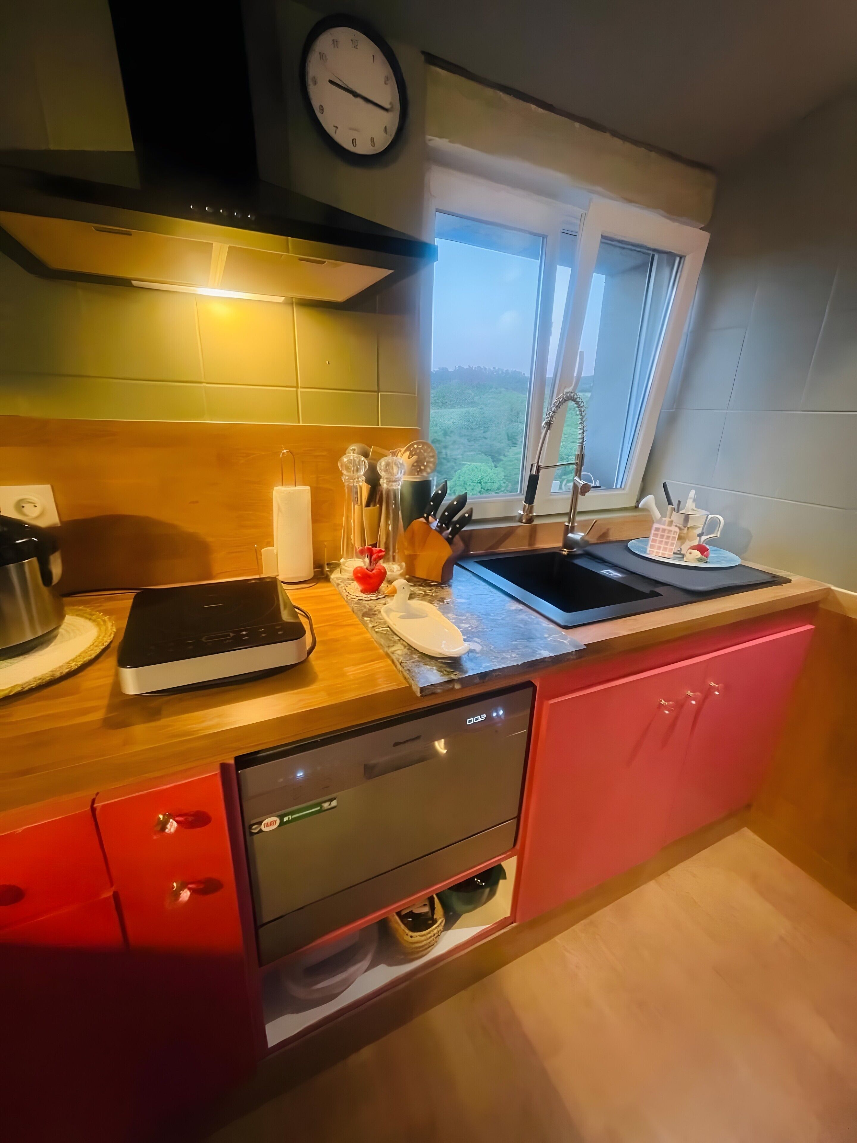 Une cuisine équipée d’un lave-vaisselle, une fenêtre avec vue et une horloge au mur.