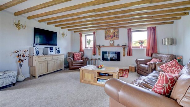 Ein Wohnzimmer mit Holzbalkendecke, einem Fernseher, einem Kamin und Ledermöbeln.
