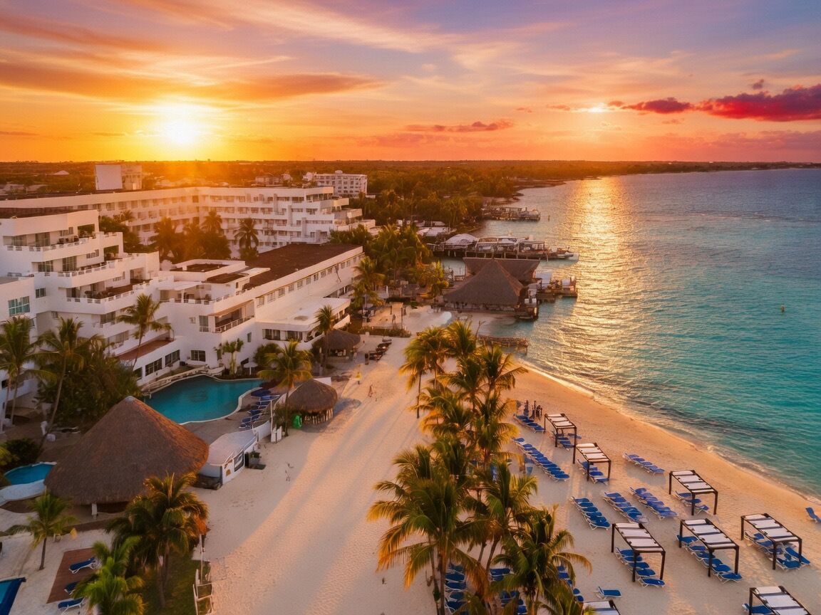Ett semesterhotell med pool, strand och utsikt över havet.