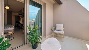 Ein Balkon mit einem Stuhl, einem Blumentopf und Blick ins Zimmer.