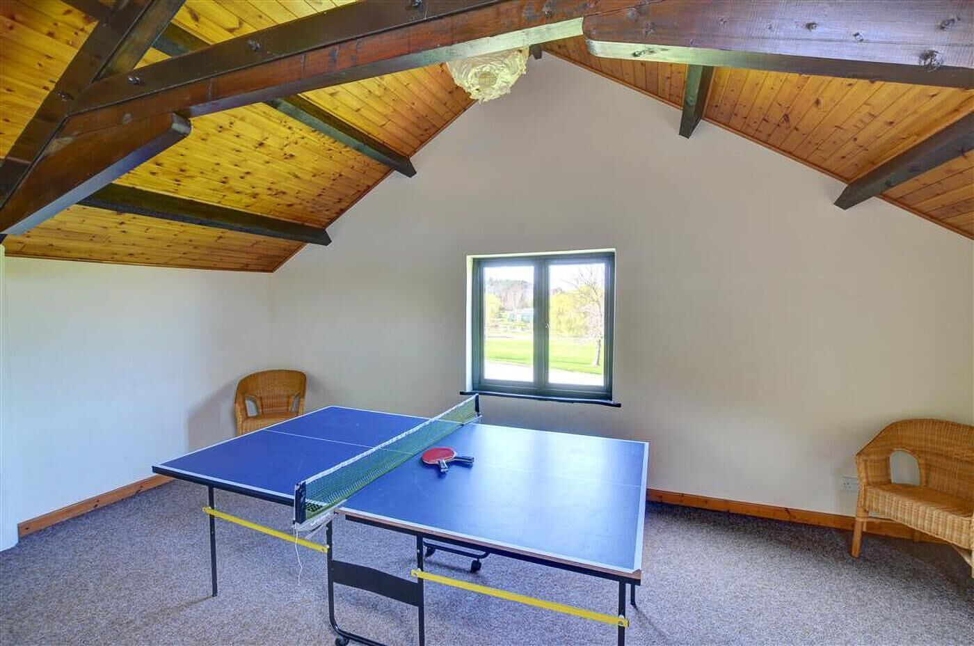 Een tafeltennistafel in een ruimte met een schuine plafond, twee rieten stoelen, en een raam met uitzicht op groen.