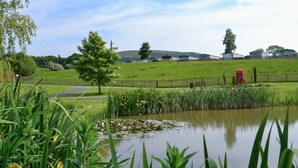 A rural landscape with a pond, green fields, a tree, and a red telephone booth. - 1 Bed in Llandinam (oc-waa376) (Llandinam)