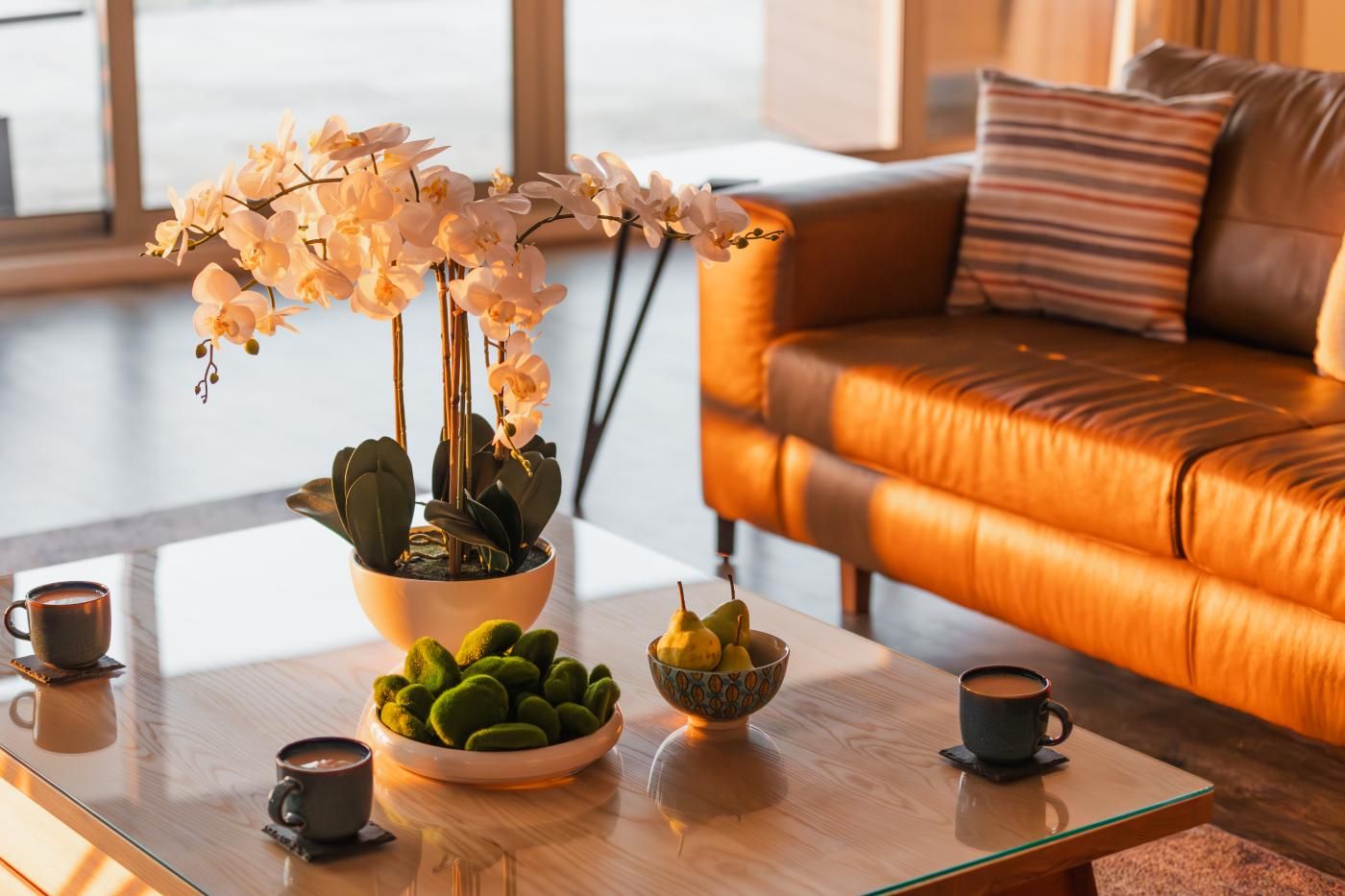 A modern living room with a leather sofa, a coffee table with a potted orchid, a bowl of green succulents, and a small bowl of pears.