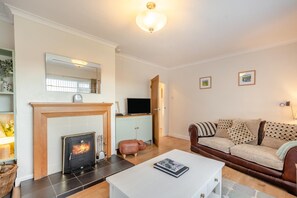 Ein Wohnzimmer mit Kamin, einer Couch, einem Couchtisch und einem Fernseher.