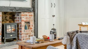 A cozy room with a fireplace, a table with a book, a mug, and a remote control. - 1 Bed in Looe (oc-l30002) (Looe)