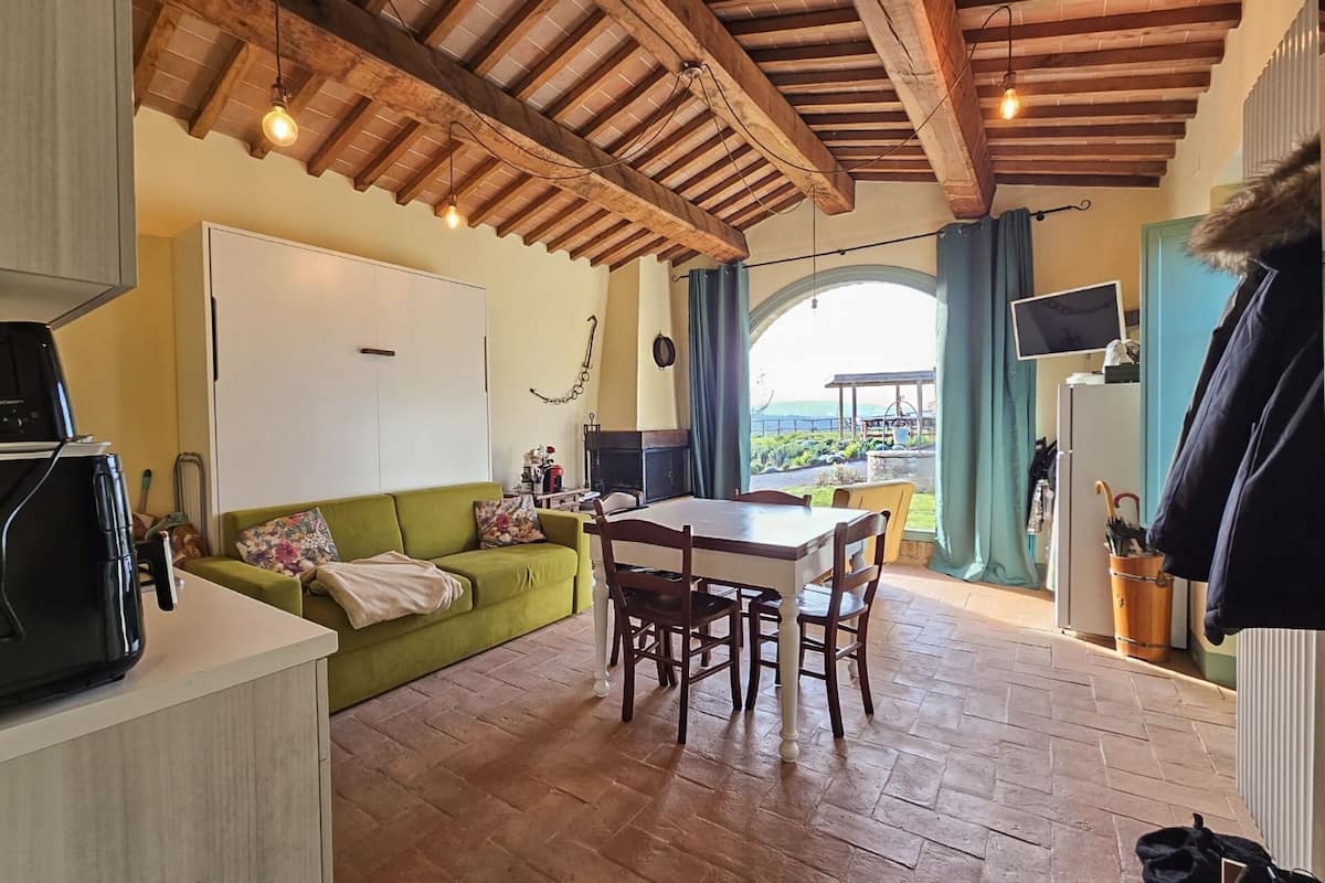 Una habitación acogedora con un sofá verde, una mesa de comedor de madera y un armario blanco.