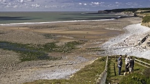 Eine Küstenlandschaft mit Strand, Klippen und einer felsigen Küste.