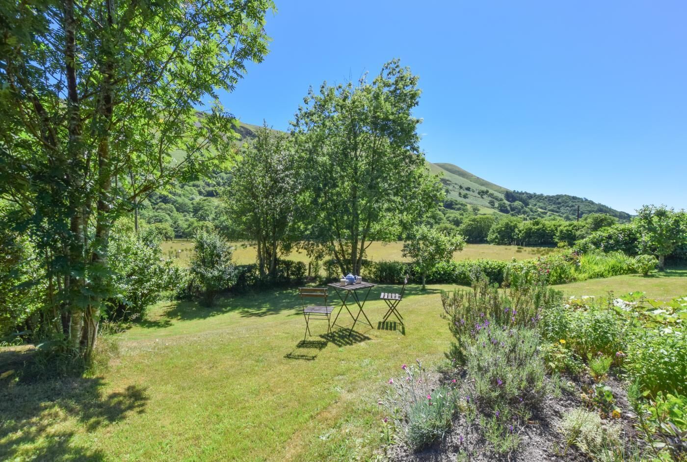 A grassy outdoor area with a table and chairs, surrounded by trees and a hilly landscape.
