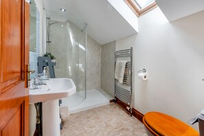 A bathroom with a shower, sink, toilet, and a skylight. - 3 Bed in Lampeter (oc-49161) (Silian)