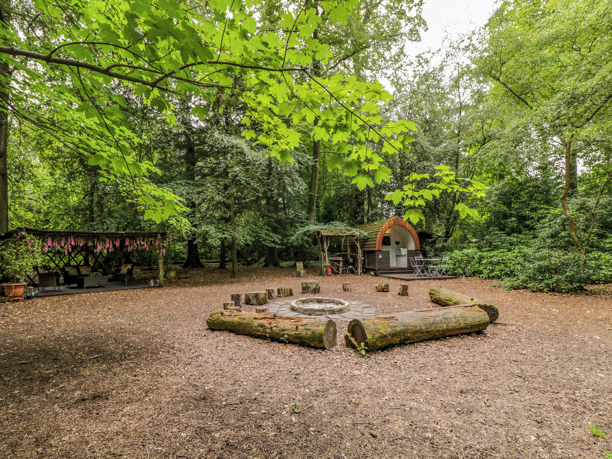 A forested area with a rustic wooden structure, a seating area with benches, and a fire pit.