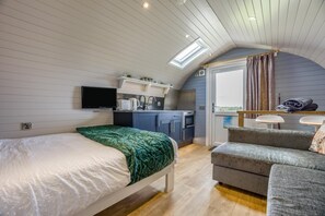 A compact room with a bed, a sofa, a kitchenette, and a small dining area.