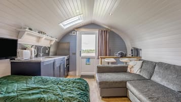A compact, well-lit room with a kitchenette, a sofa, and a bed.
