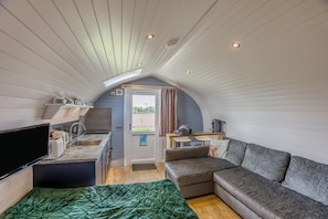 A compact living space with a kitchenette, a sofa, a flat-screen TV, and a bed.