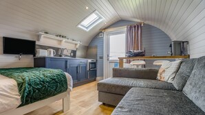 A compact living space with a kitchenette, a bed, a sofa, and a television.
