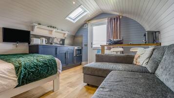 A compact living space with a kitchenette, a bed, a sofa, and a television.