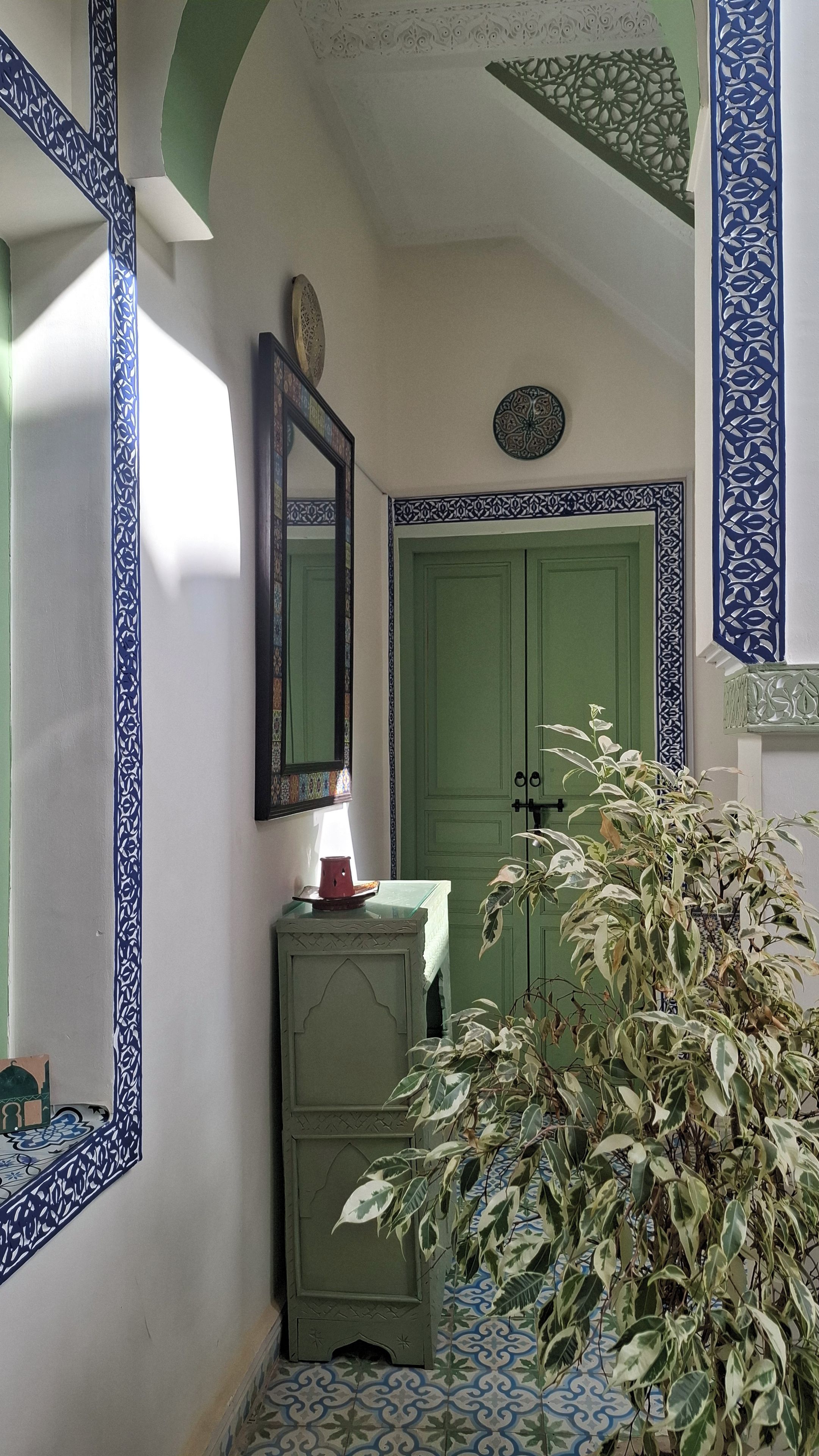 Un pasillo con paredes con diseño, una puerta verde, un espejo y una planta en maceta.