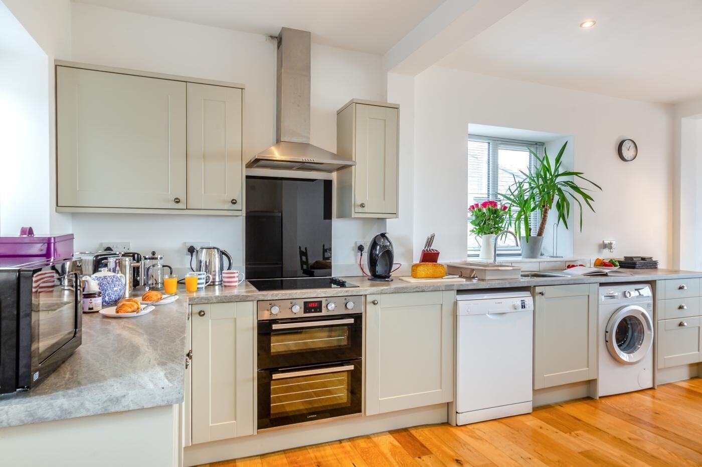 Microwave, oven, dishwasher, high chair