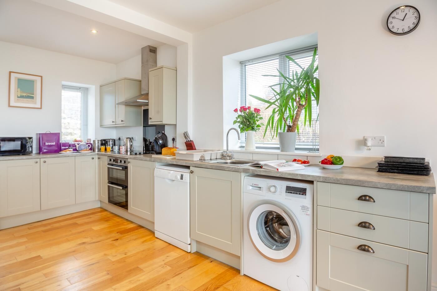 Microwave, oven, dishwasher, high chair