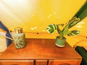 A wooden table with a green plant and a light blue kettle in a tent. - Jungle Bell Tent (Newbury)