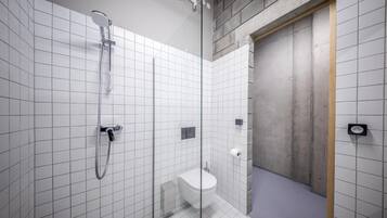 Une salle de bain moderne avec une douche à parois de verre, des toilettes blanches et une porte en bois.