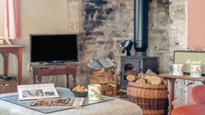 A cozy living room with a fireplace, a television, a radio, and a wicker chair. - 2 Bed in Bullocks Mill (oc-p34726) (Hereford)